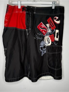 Y2K Sideout Men's Black & Red Graphic Boardshorts Swim Trunks